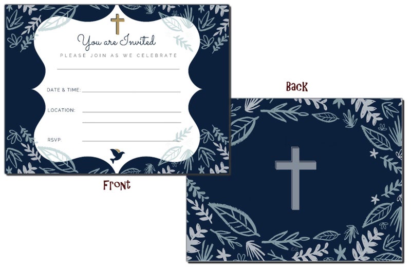 Elcer 25 Religious Invitations Boys & Girls Navy Blue & Gold | Fill in Blank Cards Invites Holy First Communion Baptism Confirmation Christening Reconciliation | 25 ct with envelopes | 5" x 7" - Image 2